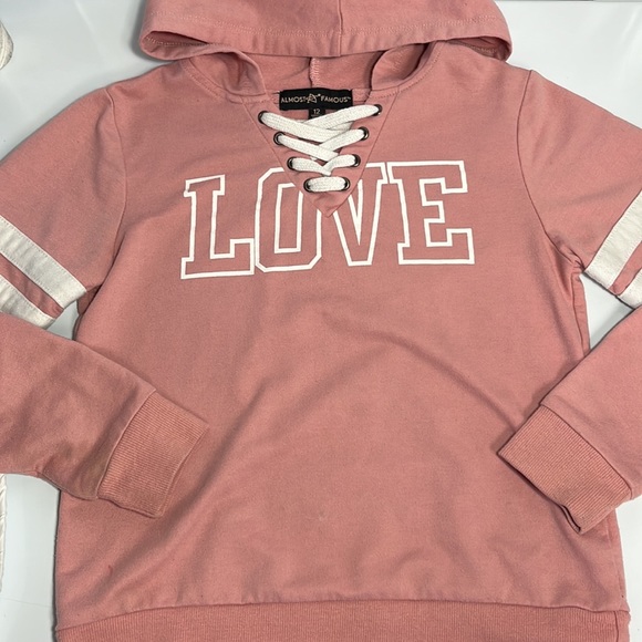 Almost Famous Pink Love Hoodie Pullover Long Sleeve Sweatshirt - Picture 7 of 9